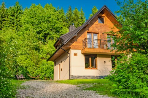 Dom od frontu na tle lasu