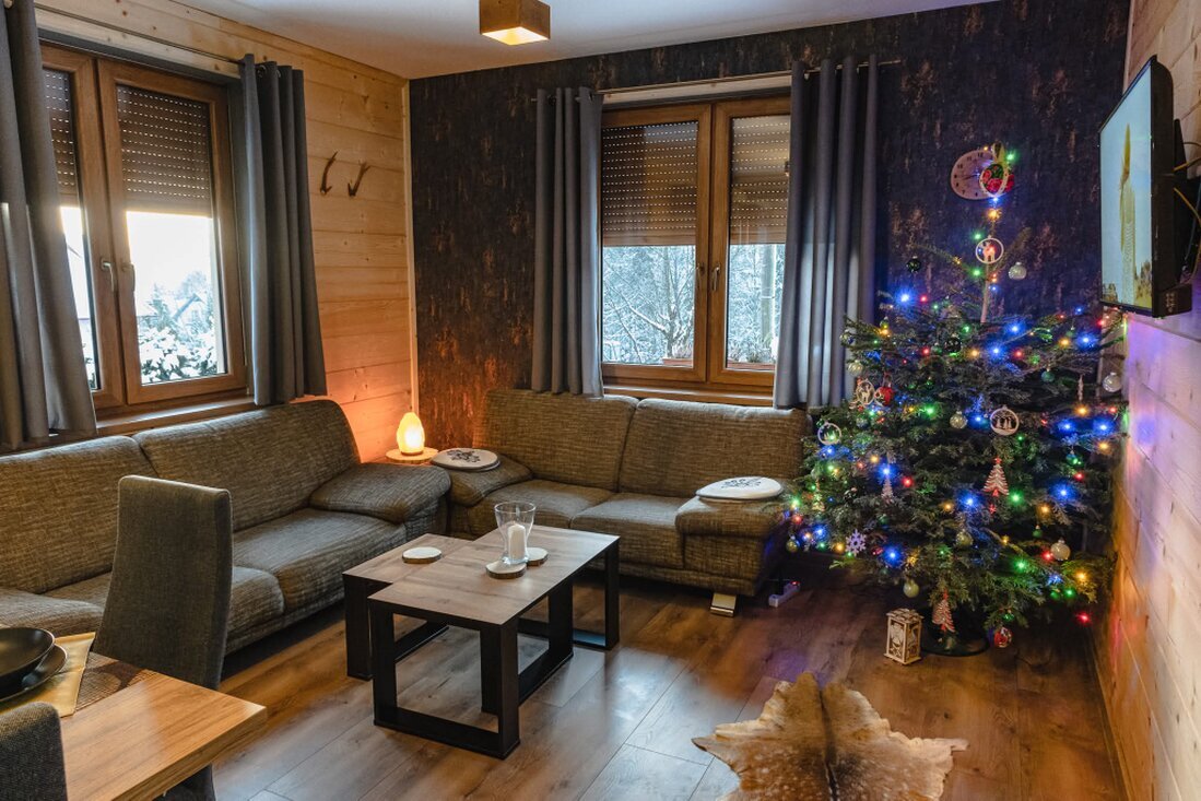 Salon na środku stolik kawowy, z prawej strony choinka.
